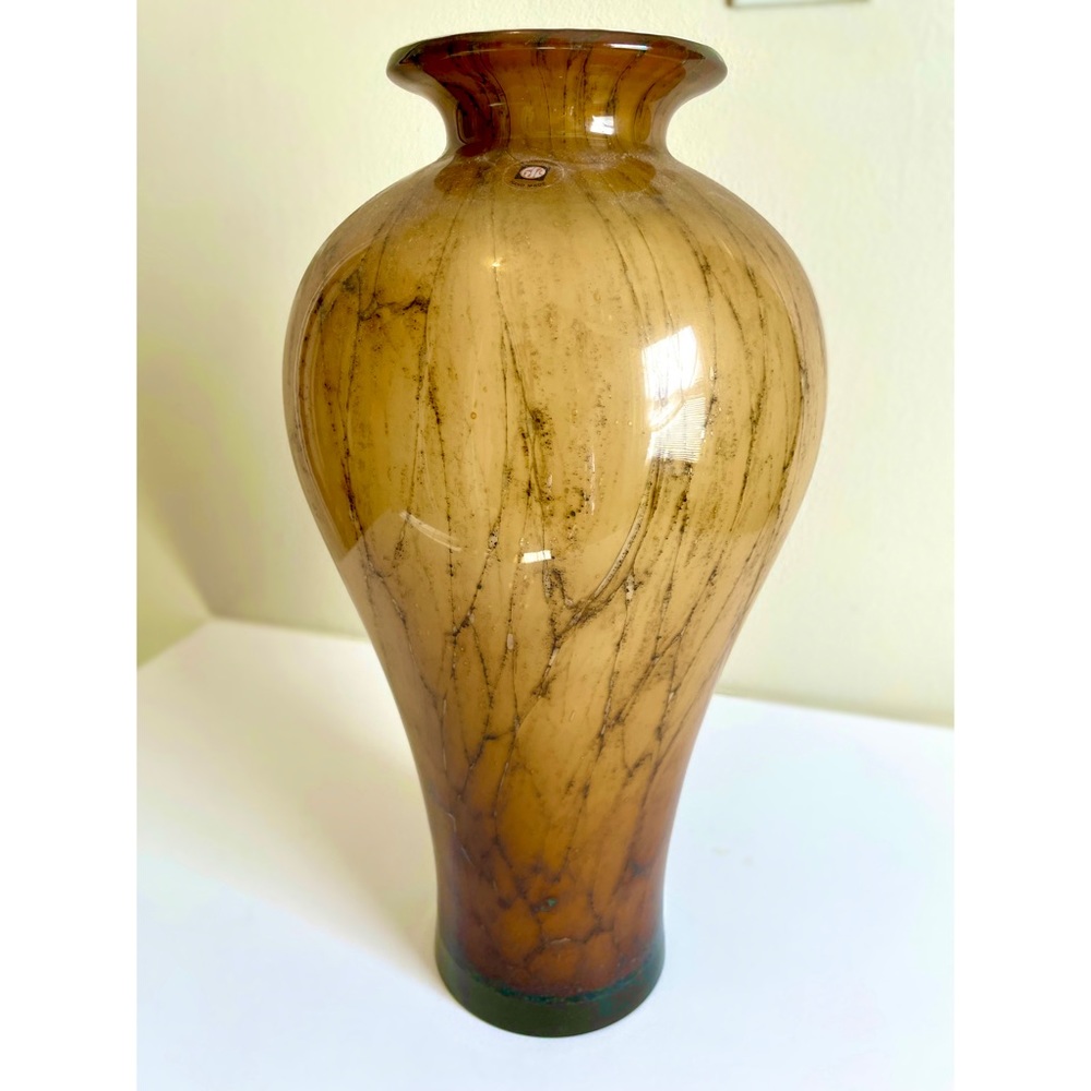 Vintage Tortoiseshell-Marble Style Tarnowiec Glass Vase Handmade In Poland